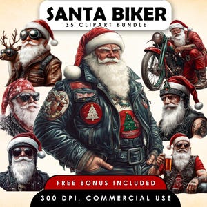 Pacote de clipart de motocicleta de Papai Noel em aquarela, clipart de Papai Noel de Natal, férias de inverno, PNG de Papai Noel, clipart de Natal, PNG de motociclista de Papai Noel, sublimação