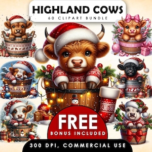 Aquarel kerst hooglandkoeien clipartbundel, schattige kerstkoeien, Highland Cow in a Bucket, kerst clipart png, ambachten en sublimatie
