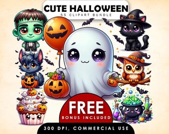 Cute Spooky Halloween Clipart Bundle,Cartoon Ghost,Cute Pumpkin PNG,Adorable Witchy Graphics,Kawaii Mummy,Cute Candy Vampire,Commercial Use