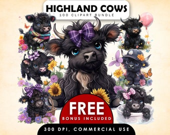 Black Floral Highland Cows,Highland Cow Clipart,Cute Cow PNG,Baby Highland PNG,Cow Clipart Bundle,Sunflower Baby Highland Cow,Watercolor Cow
