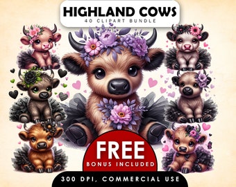 Cute Baby Highland Cow Clipart,Highland Cow PNG,Highland Cow Clipart Bundle,Sublimation Design, Animal Print,Floral Highland Cow,Cow Clipart