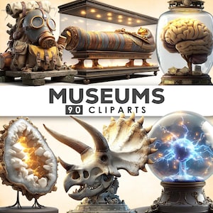 Pode incluir: Coleção de cliparts digitais com ilustrações temáticas de museus. Inclui um sarcófago numa vitrine, um cérebro num frasco, uma geodo, um crânio de dinossauro e uma esfera de plasma. O texto "MUSEUMS 90 CLIPARTS" também está presente.
