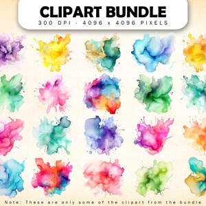 May include: A set of 20 watercolor clipart images in various colors, including purple, yellow, green, blue, pink, and orange. The images are high-resolution, 4096 x 4096 pixels, and 300 DPI.