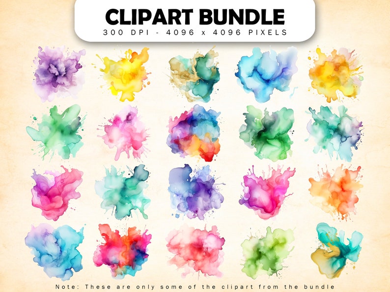 May include: A set of 20 watercolor clipart images in various colors, including purple, yellow, green, blue, pink, and orange. The images are high-resolution, 4096 x 4096 pixels, and 300 DPI.