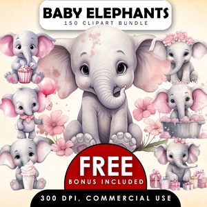 Paquete de imágenes prediseñadas de elefante bebé, Elefantes bebés encantadores, Imágenes prediseñadas de elefante pequeño, Imágenes prediseñadas de elefante lindo de acuarela, Imágenes prediseñadas de elefante de guardería
