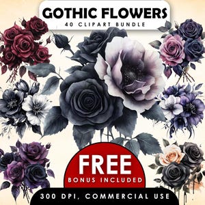 Watercolor Gothic Floral Clipart Bundle,Flower Clipart,Dark Floral Graphics,Gothic Flowers,Gothic Roses PNG,Magical Gothic Flowers,Witch PNG