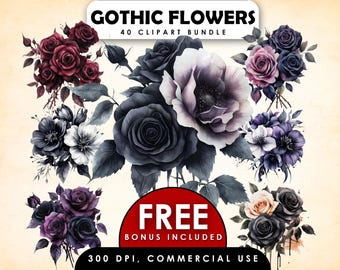 Watercolor Gothic Floral Clipart Bundle,Flower Clipart,Dark Floral Graphics,Gothic Flowers,Gothic Roses PNG,Magical Gothic Flowers,Witch PNG
