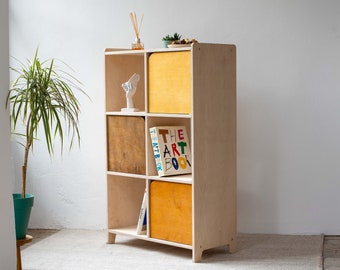 Wooden Bookcase with Doors, Custom Cabinet with Large Compartments, Home Storage and Display Unit for Media, Records, Plants