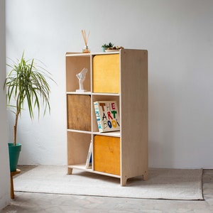 Hölzernes Bücherregal mit Türen, maßgefertigter Schrank mit großen Fächern, Aufbewahrungs- und Anzeigeeinheit für Medien, Schallplatten, Pflanzen