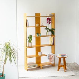 Mid-Century Modern Plant Stand and Bookshelf, Wooden Staggered Shelves, Minimalist Display Unit, Handmade Bookcase image 1