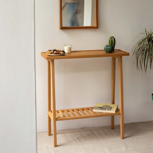 Solid Wood Modern Entrway Table, Narrow Long Console Table with Storage Shelf, Shoe Rack, Oak Wooden Sofa Table, Mid Century Hallway Table