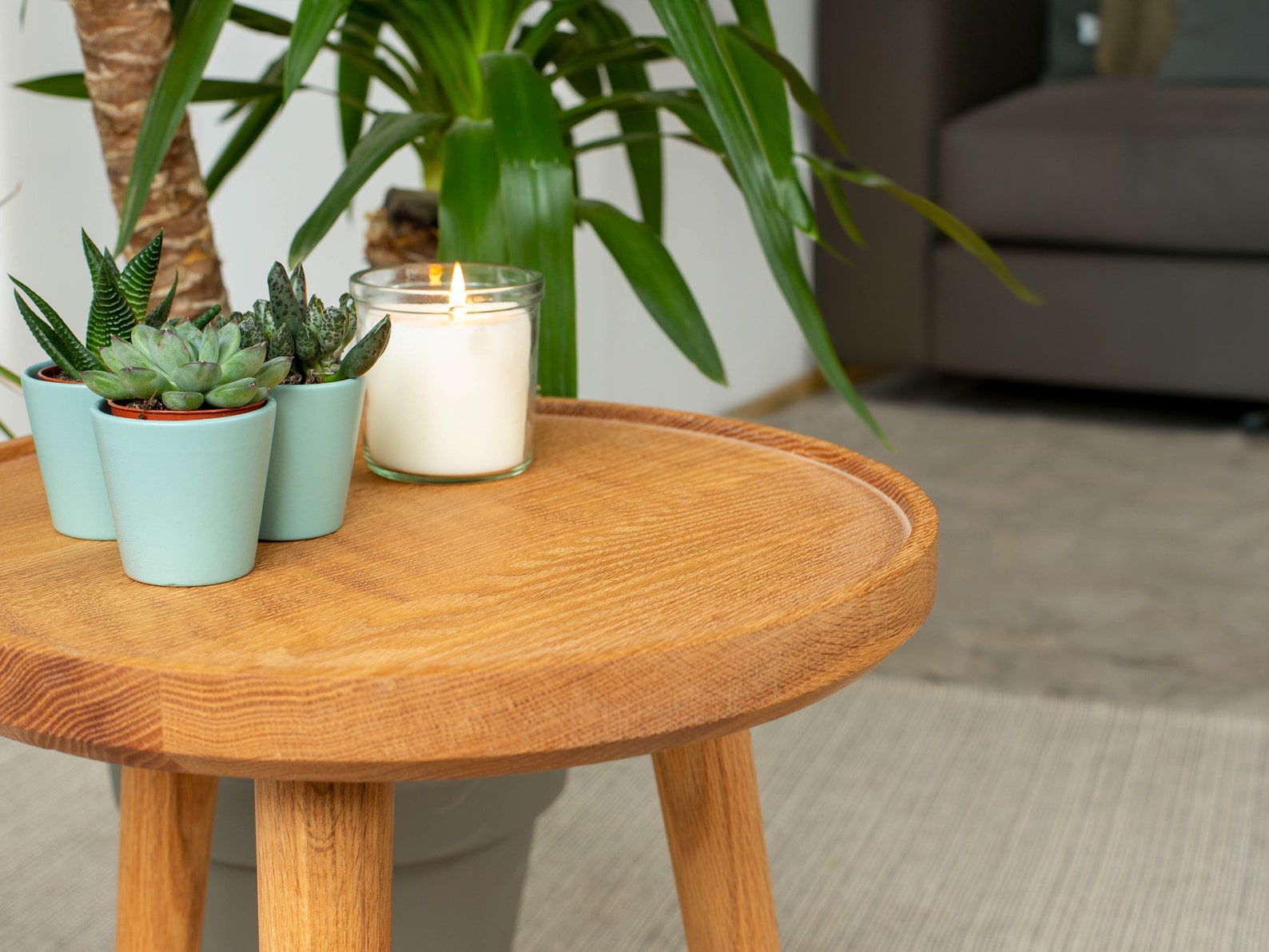 Handmade Solid Oak Round End Table, Mid Century Modern 3 Leg Side Table ...