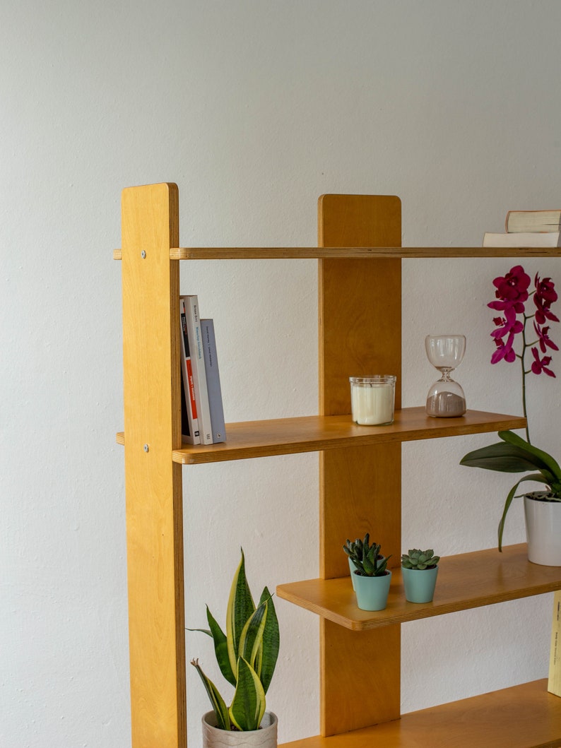 Mid-Century Modern Plant Stand and Bookshelf, Wooden Staggered Shelves, Minimalist Display Unit, Handmade Bookcase image 2