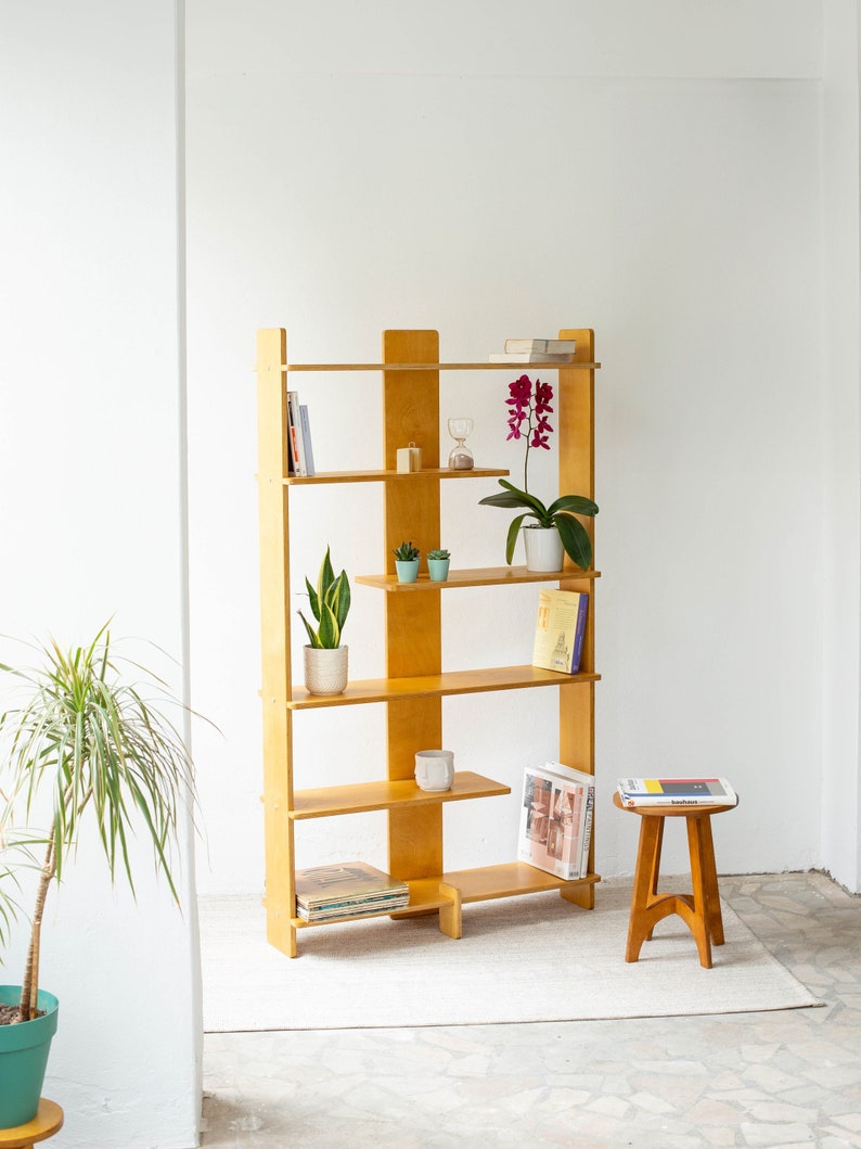 Mid-Century Modern Plant Stand and Bookshelf, Wooden Staggered Shelves, Minimalist Display Unit, Handmade Bookcase image 1