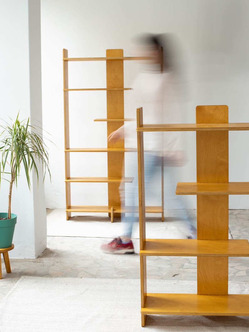 Mid-Century Modern Plant Stand and Bookshelf, Wooden Staggered Shelves, Minimalist Display Unit, Handmade Bookcase image 4