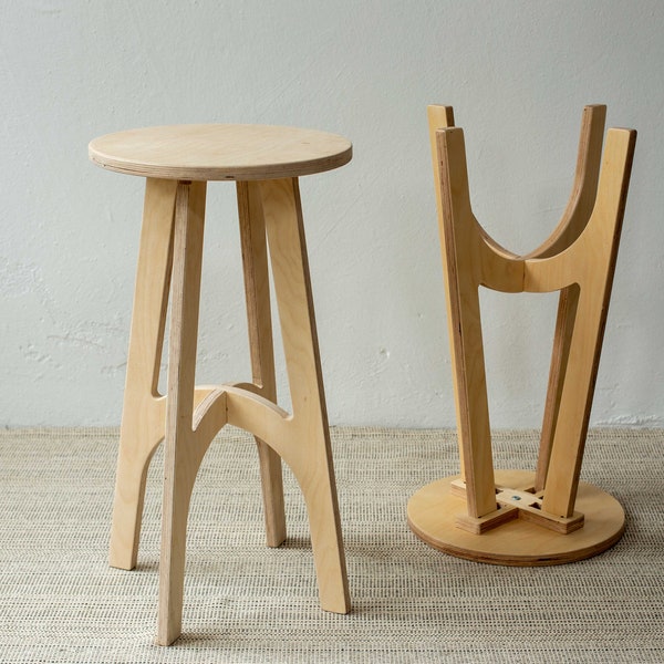 Wooden bar stool, Wood kitchen stool, Counter stool, Modern round 4 legged stool, Plywood Stool