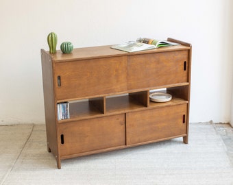 Houten buffetkast, dressoiropbergruimte, houten vitrinekast met schuifdeuren, Mid Century-consoletafel