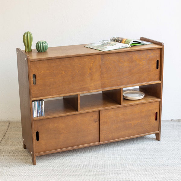 Holzbuffet, Sideboard-Aufbewahrung, Holzvitrine mit Schiebetüren, Mid Century-Konsolentisch