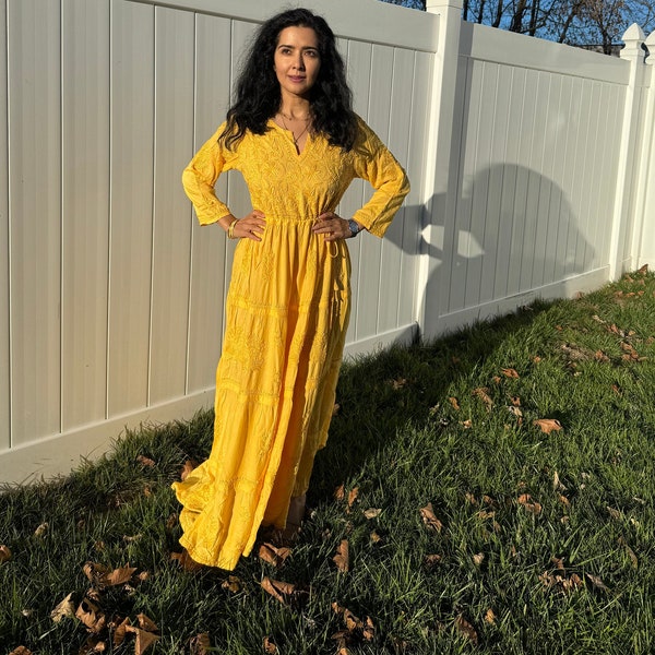 Hand Embroidered Chikankari / Golden Yellow Bohemian Dress / 100% Pure Cotton / Free & Fast Shipping in US/ Available in S/M/L Sizes