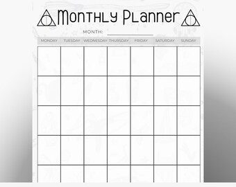 以下が含まれることがあります： 「WIZARD MONTHLY PLANNER」という文字が上部に書かれた、白黒の印刷可能な月間プランナー。プランナーは、曜日が上部にラベル付けされたグリッドレイアウトになっています。