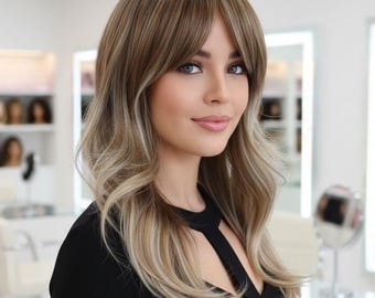 May include: A woman with long, wavy, light brown hair with blonde highlights and bangs. She is wearing a black long-sleeved dress with a keyhole cutout. The background is a hair salon with mirrors and chairs.