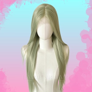 May include: A long, light green wig with a lace front is displayed on a mannequin. The wig features straight, flowing hair with a natural-looking part. The background has a gradient of blue and pink.