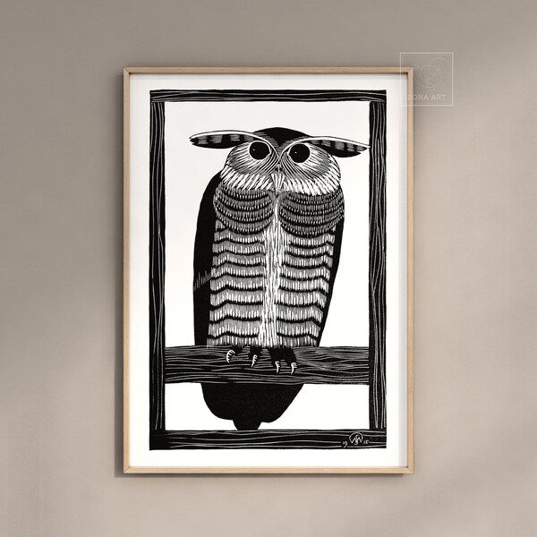 Owl Black and White Vintage Illustration,Graphical Wall Art, Home Decor, Digital Download