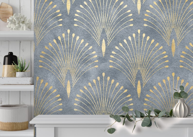 Blue Gold Art Deco Wallpaper Peel and Stick Living Room Etsy