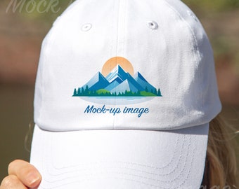 White dad hat mockup twill hat mockup printful white cap model mockup close up baseball cap mockup image
