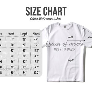 Gildan 5000 size chart and product features Gildan 5000 tshirt size guide Gildan size chart white tshirt gildan 5000 sizes mockup