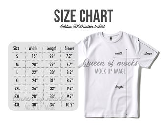 Gildan 5000 size chart and product features Gildan 5000 tshirt size guide Gildan size chart white tshirt gildan 5000 sizes mockup
