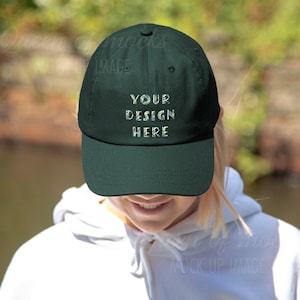 Hunter Green Baseball Cap Mockup Printify Unisex Twill Hat Hunter Green Cap Model Mockup Womens cap model mockup cap mockup outdoors