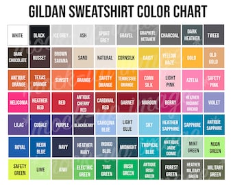 May include: A colour chart for Gildan sweatshirts, displaying a range of colours in a grid format. The chart includes colours such as white, black, ice grey, ash, sport grey, gravel, graphite heather, charcoal, dark heather, tweed, dark chocolate, russet, brown savana, sand, natural, cornsilk, daisy, yellow haze, gold, old gold, antique orange, texas orange, sunset, orange, safety orange, tennessee orange, corn silk, light pink, azalea, safety pink, heliconia, heather red, red, antique cherry red, cardinal red, garnet, maroon, berry, heather radiant orchid, violet, lilac, cobalt, purple, blackberry, carolina blue, light blue, sky, heather sapphire, sapphire, antique sapphire, royal blue, neon blue, navy, heather navy, indigo blue, midnight blue, tropical blue, antique jade dome, mint green, neon green, safety green, lime, kiwi, electric green, turf green, irish green, antique irish green, forest green, heather military green, military green.