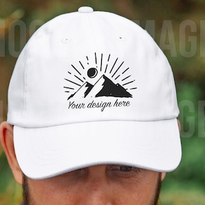 Dad hat mockup white Printify cap mockup mens hat mockup twill hat white male model mockup cap outdoors hat mockup close up