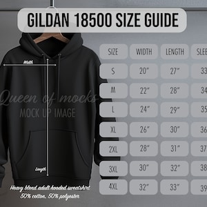 Gildan 18500 Size Chart Gildan Hoodie Size Chart Gildan Size Guide Gildan 18500 Measurements and features size guide mockup
