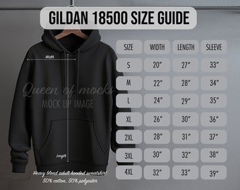 Gildan 18500 Size Chart Gildan Hoodie Size Chart Gildan Size Guide Gildan 18500 Measurements and features size guide mockup