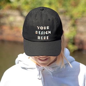 Maqueta de gorra de béisbol negra Printify Sombrero de sarga unisex Modelo de gorra negra Maqueta Gorra de papá Maqueta de gorra de béisbol negra Printify