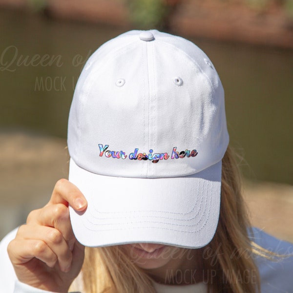 Classic Dad Hat White Yupoong White Dad Hat Mockup Printful Baseball Cap Mockup Girl Model Cap Mockup Printful White Hat Mockup Close Up Cap