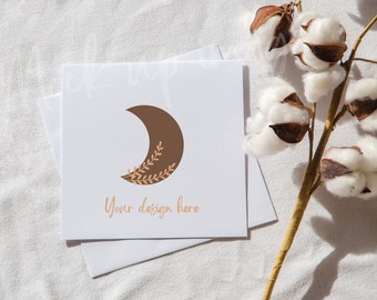 Square greeting card mockup with envelope minimalist card mockup simple square card mockup blank card photo flatlay card mockup square white