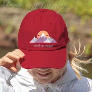Red Baseball Cap Mockup Printify Unisex Twill Hat Red Cap Model Mockup Baseball cap mockup red printify dad hat mockup