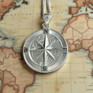 Sterling Silver Compass Pendant Necklace – 18” Curb Chain