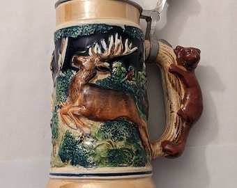 Vintage German Beer Stein Hunter's  With Fox Handle Stag & Boar Western Germany Great Condition