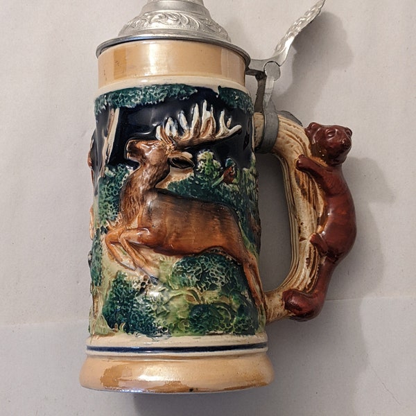 Vintage German Beer Stein Hunter's  With Fox Handle Stag & Boar Western Germany Great Condition