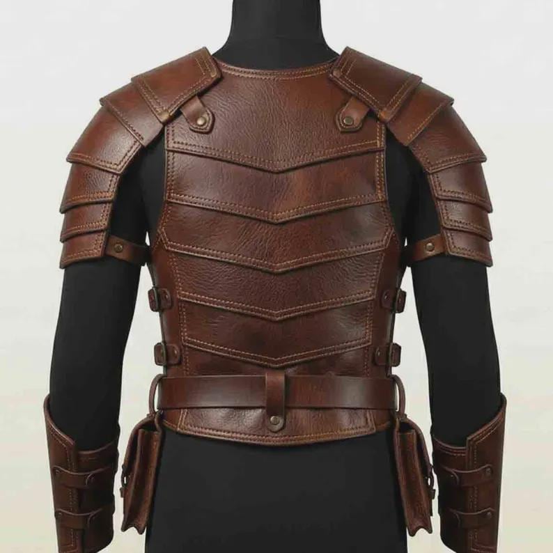 Puede incluir: Una pieza de armadura de pecho de cuero marr&oacute;n con placas superpuestas en forma de chevr&oacute;n, hombreras y un cintur&oacute;n con bolsas laterales. La armadura incluye brazales a juego, asegurados con hebillas y remaches de metal.