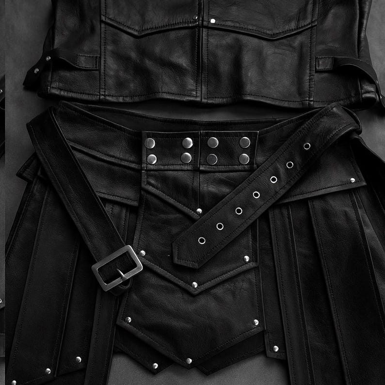 May include: A black leather outfit featuring a vest and a skirt with a belt. The vest has two pockets and button details. The skirt has a pleated design with a belt that has a silver buckle and eyelets. The outfit is made of a smooth, dark material.