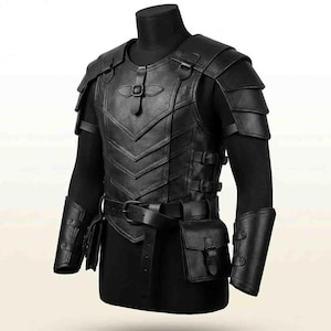 May include: Black leather armour set with a chest piece, shoulder guards, and arm bracers. The armour features decorative stitching, buckles, and a belt with pouches. The set is displayed on a black mannequin.