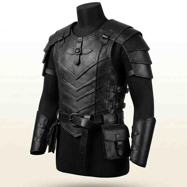 Armadura medieval de cuero hecha a mano con hombreras y brazales: disfraz de cosplay nórdico LARP