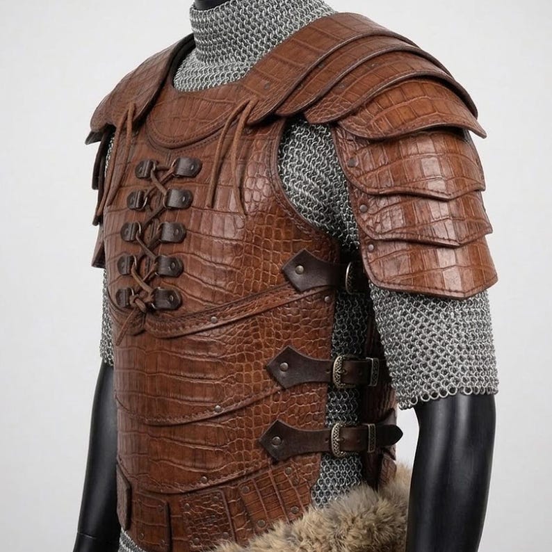 May include: Brown leather armour with a crocodile skin texture, featuring layered shoulder pads and a laced front. The armour is paired with chainmail sleeves and secured with buckles. A fur trim is visible at the bottom.