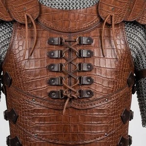May include: Brown leather armour with a crocodile skin texture. The chest piece features a laced closure and metal accents. Chainmail is visible on the sides. The armour is designed for protection and historical reenactment.