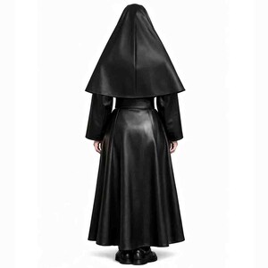 May include: A long, black faux leather coat with a matching hood and long sleeves. The coat has a fitted waist and a flared skirt, creating a dramatic silhouette. The back view shows the full length of the coat and hood.